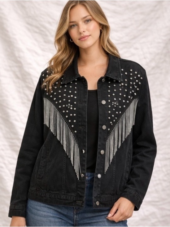 SHEIN Jackets & Blazers - Womens Plus Size Black Denim Western Jacket with Studs / Chain Details - Size 4X